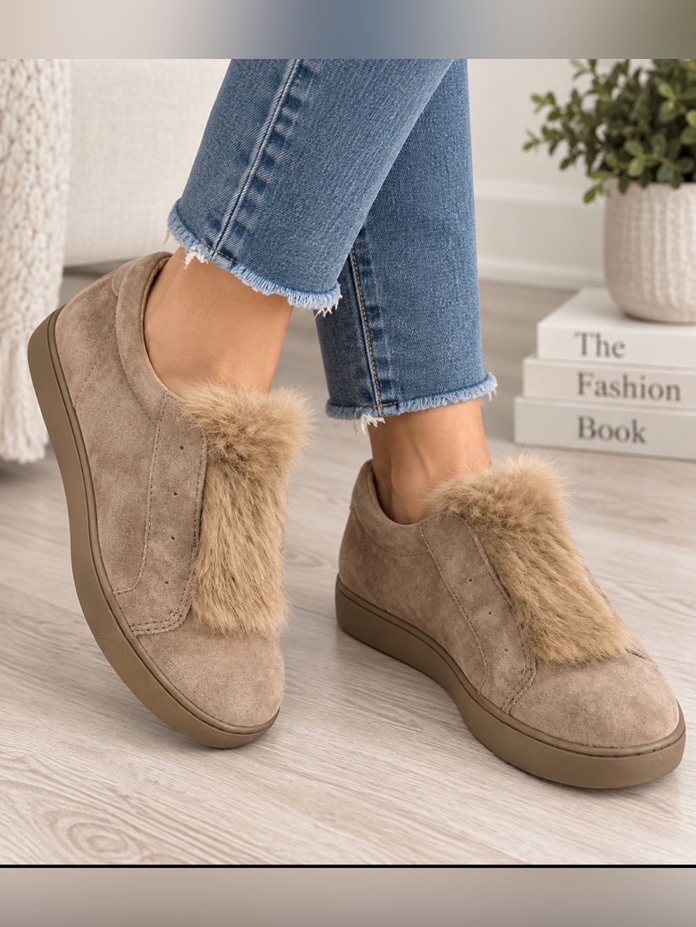 Franco Sarto Women Taupe Suede Slip-On Moccasins with Faux Fur Trim Size 9M